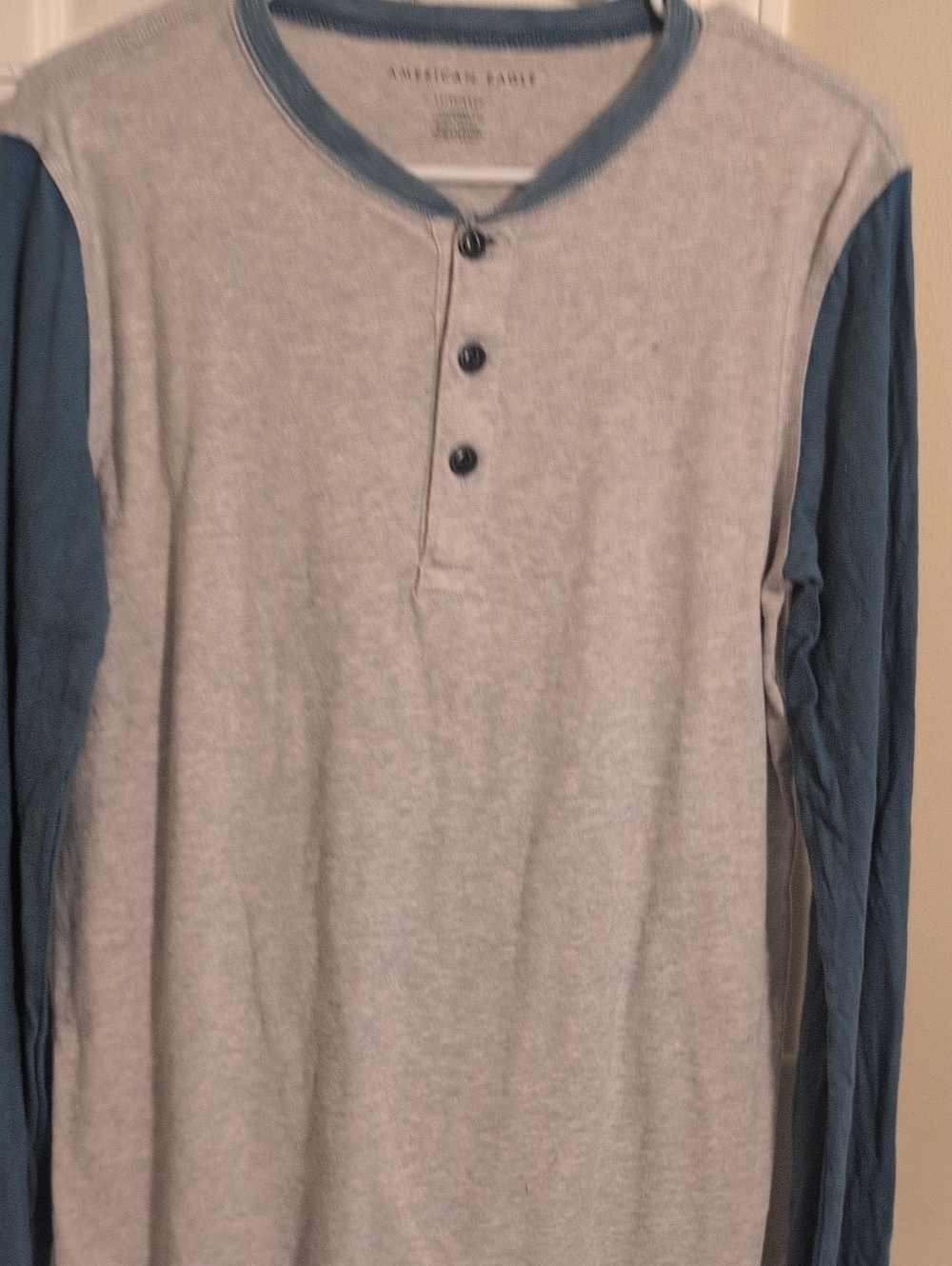 American Eagle Outfitters Light Gray and Blue Long-Sleeve Henley